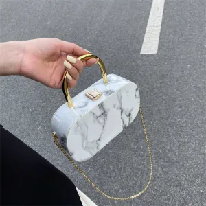 Marble Textured Oval Handbag, Mini Chain Crossbody Bag, Trendy Box Purse For Women