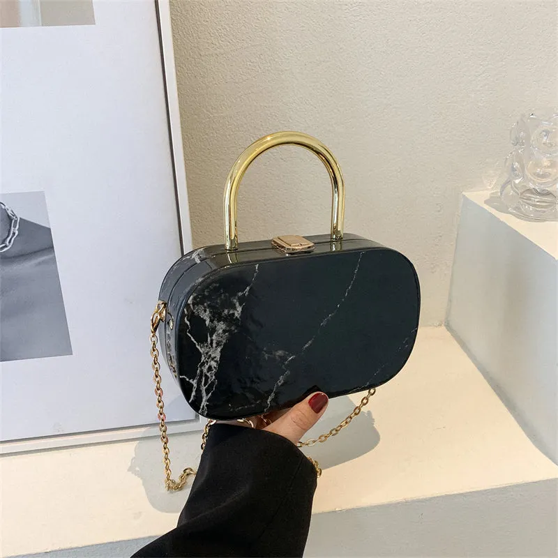 Marble Textured Oval Handbag, Mini Chain Crossbody Bag, Trendy Box Purse For Women