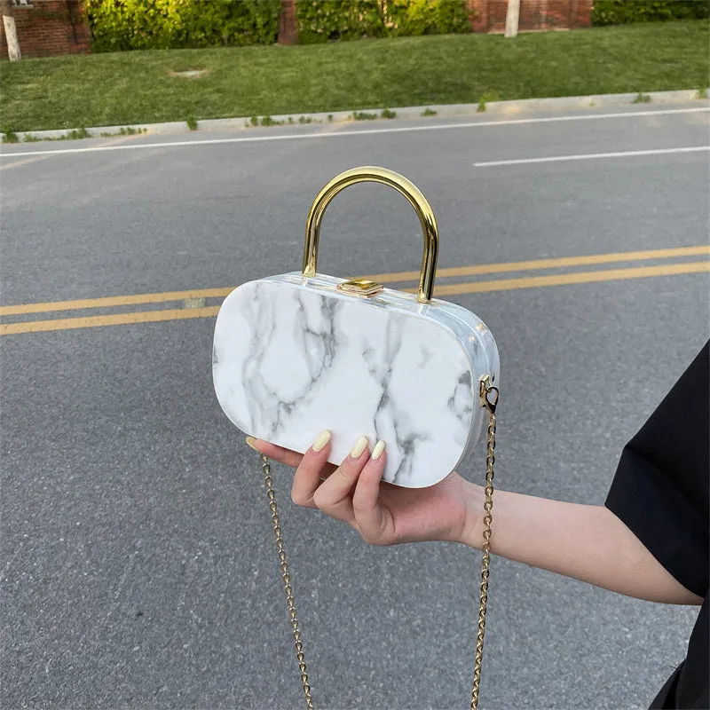 Marble Textured Oval Handbag, Mini Chain Crossbody Bag, Trendy Box Purse For Women