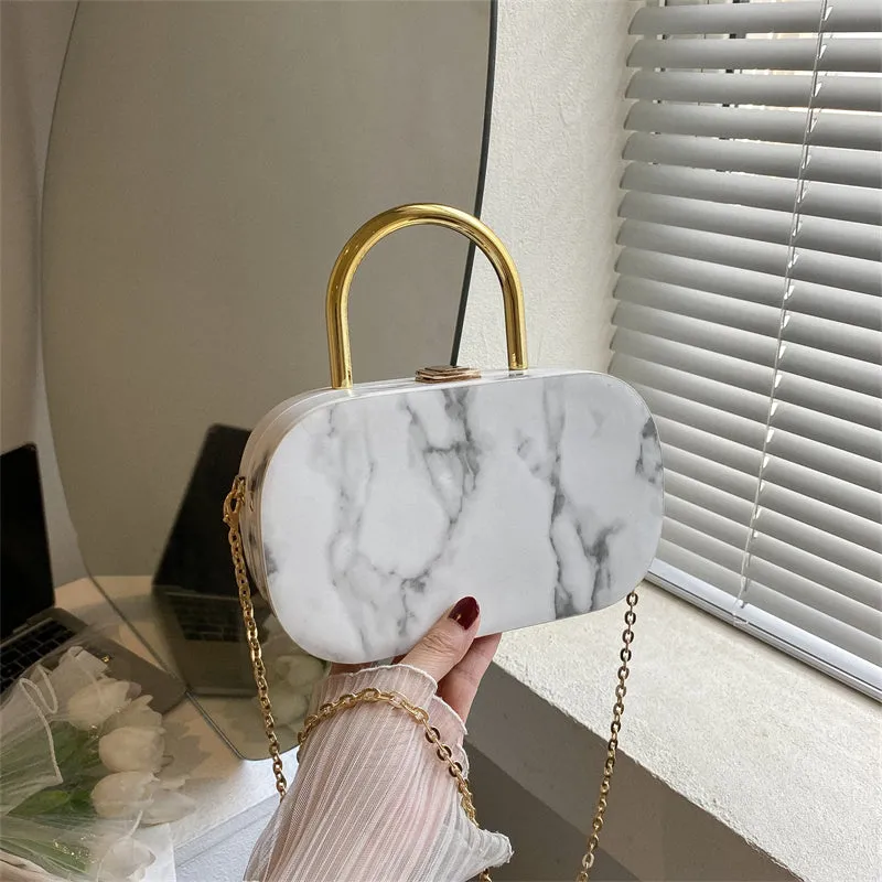 Marble Textured Oval Handbag, Mini Chain Crossbody Bag, Trendy Box Purse For Women