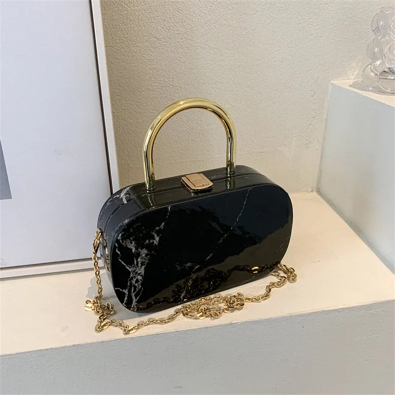 Marble Textured Oval Handbag, Mini Chain Crossbody Bag, Trendy Box Purse For Women