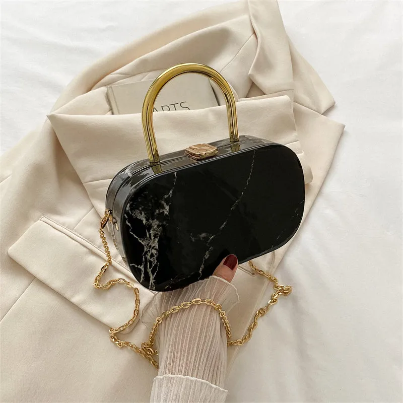 Marble Textured Oval Handbag, Mini Chain Crossbody Bag, Trendy Box Purse For Women