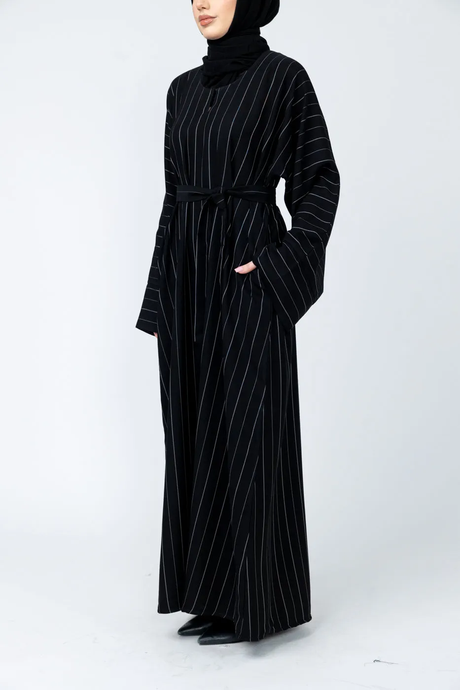 Marwa Straight Abaya - Black pinstripe
