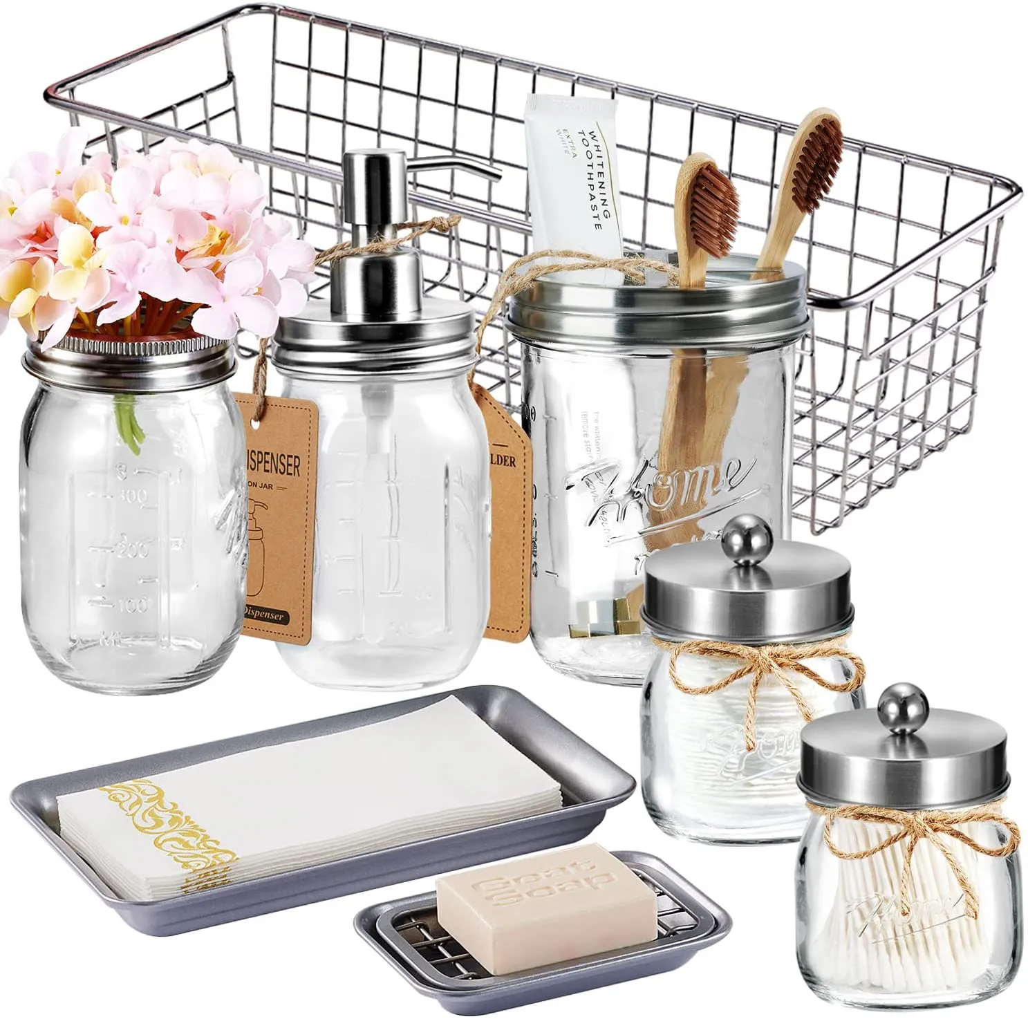Mason Jar Bathroom Accessories Set (8 PCS) - Lotion Soap Dispenser,Toothbrush Holder,2 Apothecary Jars, Flower Vase,Soap Dish,Vanity Tray,Toilet Paper Holder Storage Bin,Farmhouse Decor (Bronze)