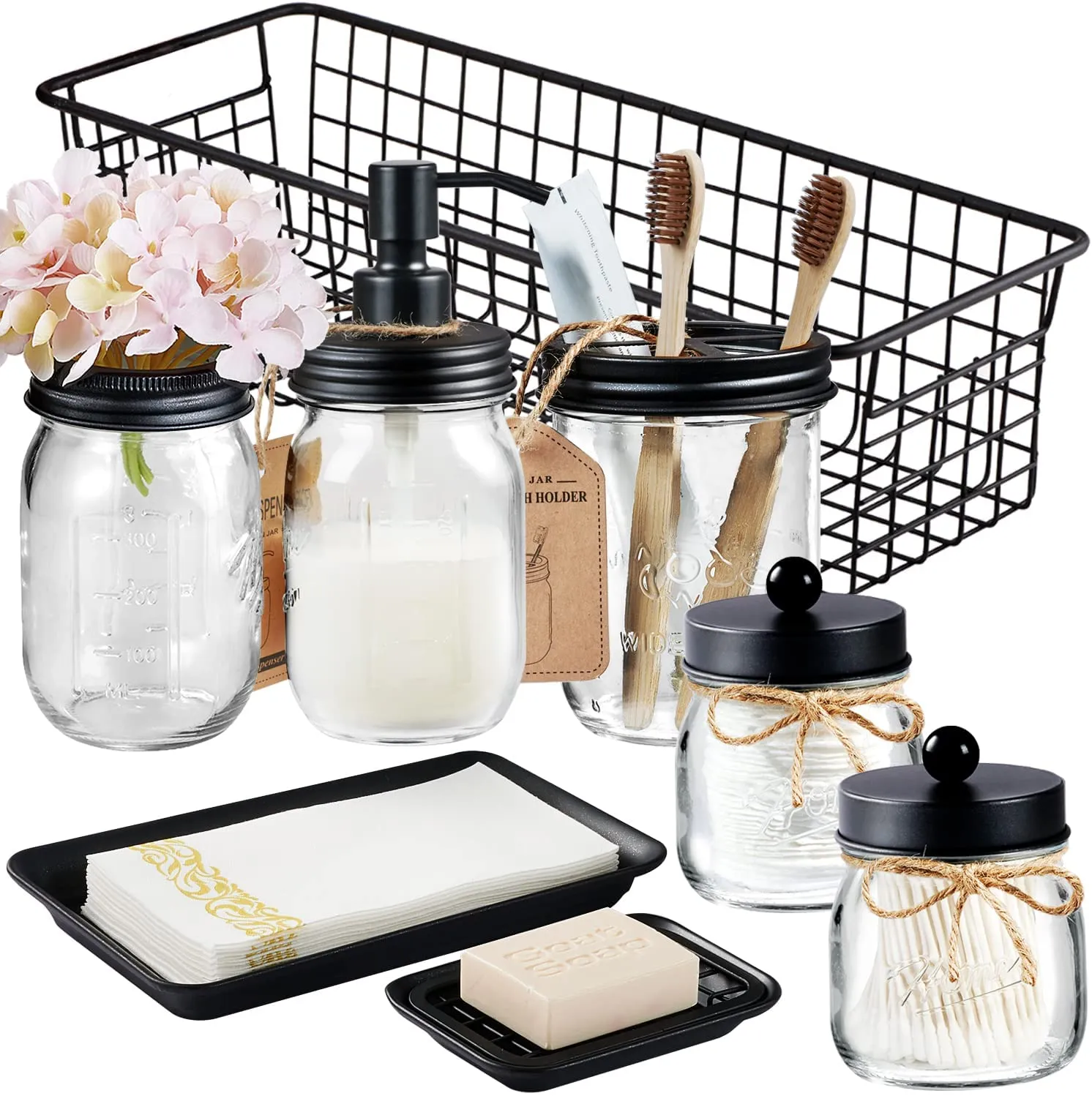 Mason Jar Bathroom Accessories Set (8 PCS) - Lotion Soap Dispenser,Toothbrush Holder,2 Apothecary Jars, Flower Vase,Soap Dish,Vanity Tray,Toilet Paper Holder Storage Bin,Farmhouse Decor (Bronze)