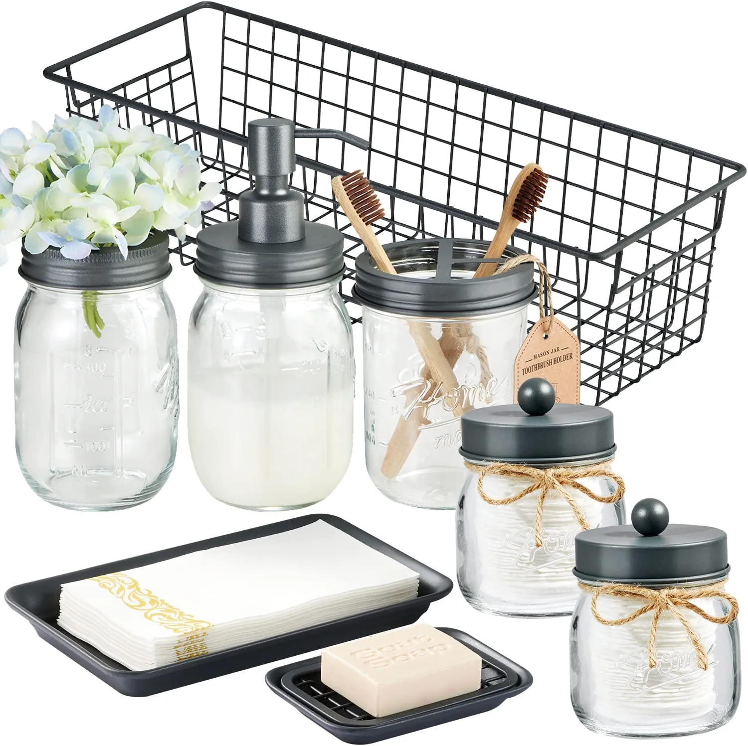 Mason Jar Bathroom Accessories Set (8 PCS) - Lotion Soap Dispenser,Toothbrush Holder,2 Apothecary Jars, Flower Vase,Soap Dish,Vanity Tray,Toilet Paper Holder Storage Bin,Farmhouse Decor (Bronze)