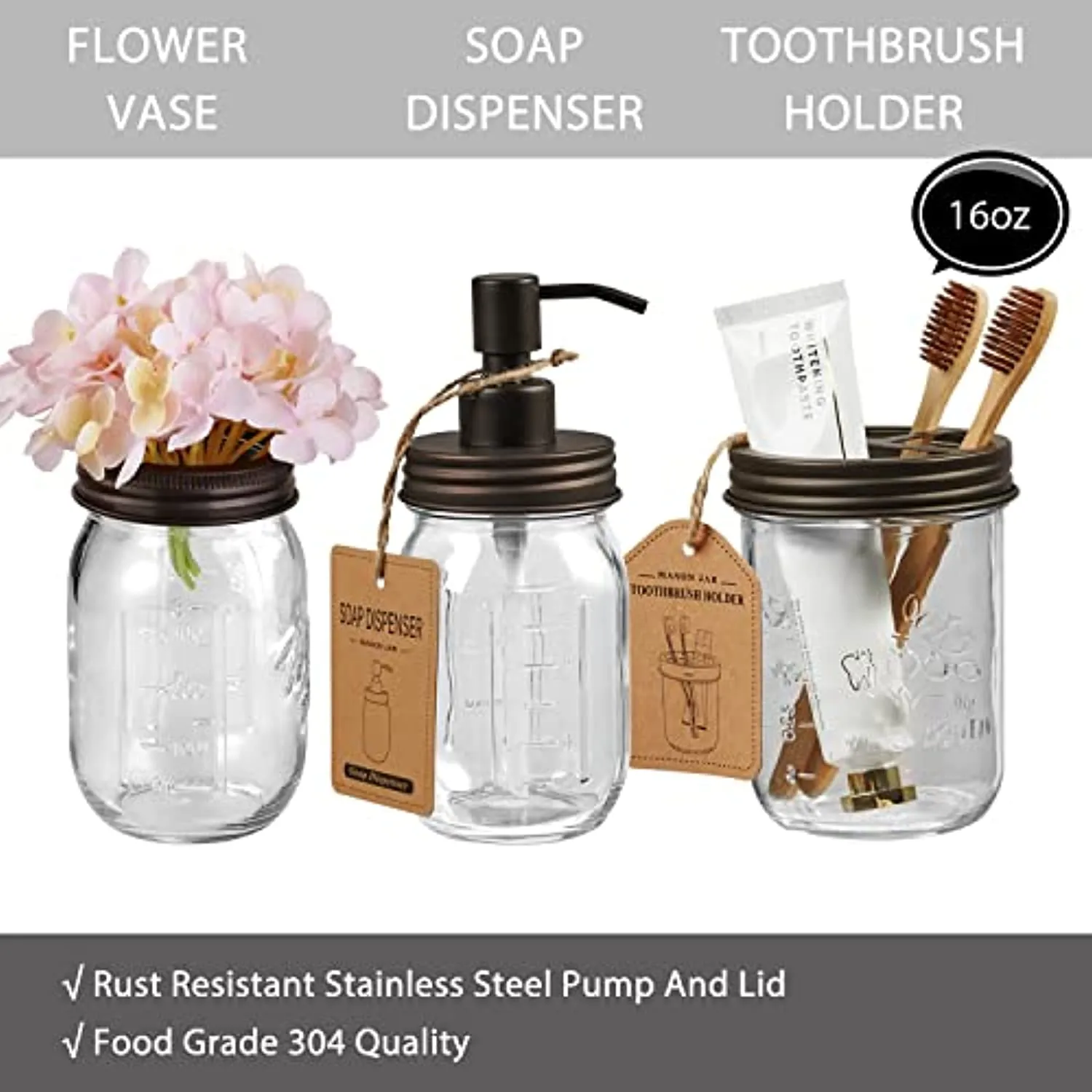 Mason Jar Bathroom Accessories Set (8 PCS) - Lotion Soap Dispenser,Toothbrush Holder,2 Apothecary Jars, Flower Vase,Soap Dish,Vanity Tray,Toilet Paper Holder Storage Bin,Farmhouse Decor (Bronze)