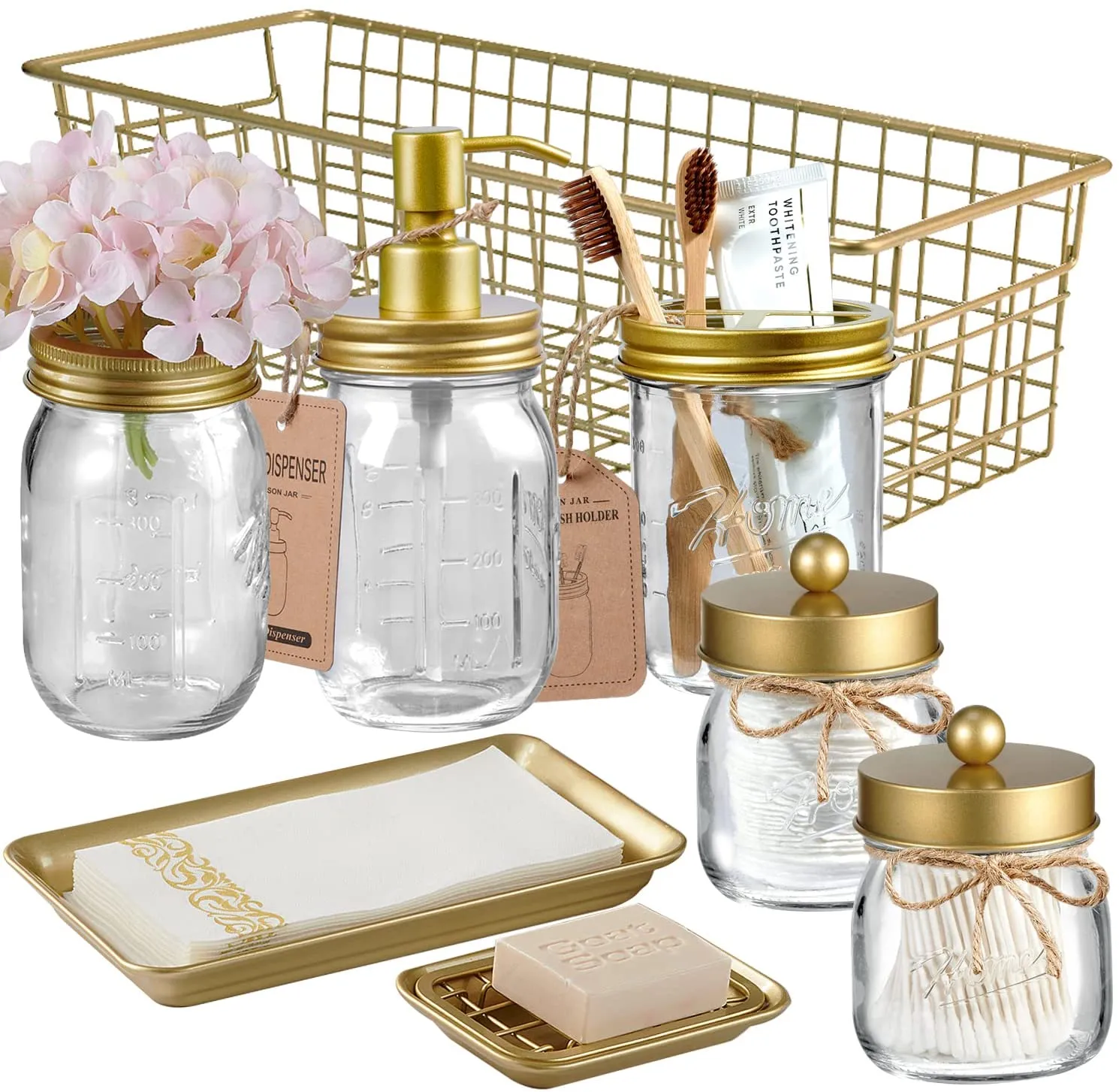 Mason Jar Bathroom Accessories Set (8 PCS) - Lotion Soap Dispenser,Toothbrush Holder,2 Apothecary Jars, Flower Vase,Soap Dish,Vanity Tray,Toilet Paper Holder Storage Bin,Farmhouse Decor (Bronze)