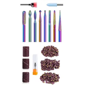 MelodySusie 10Pcs Diamond Nail Drill Bit Set, 3/32'' (2.35mm) Professional Cuticle Drill Bits Kit for Acrylic Gel Nails, Manicure Pedicure Remove Tools, Home Salon Use with 300Pcs Sanding Bands