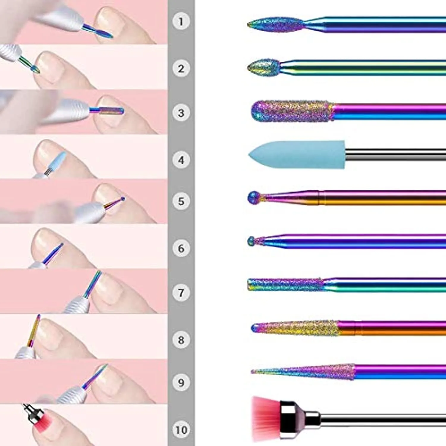 MelodySusie 10Pcs Diamond Nail Drill Bit Set, 3/32 Inch Cuticle Nail Drill Bits for Acrylic Gel Aritificial Nails, Shapen Remove Cleaning Tools for Manicure Pedicure, Home Salon Use