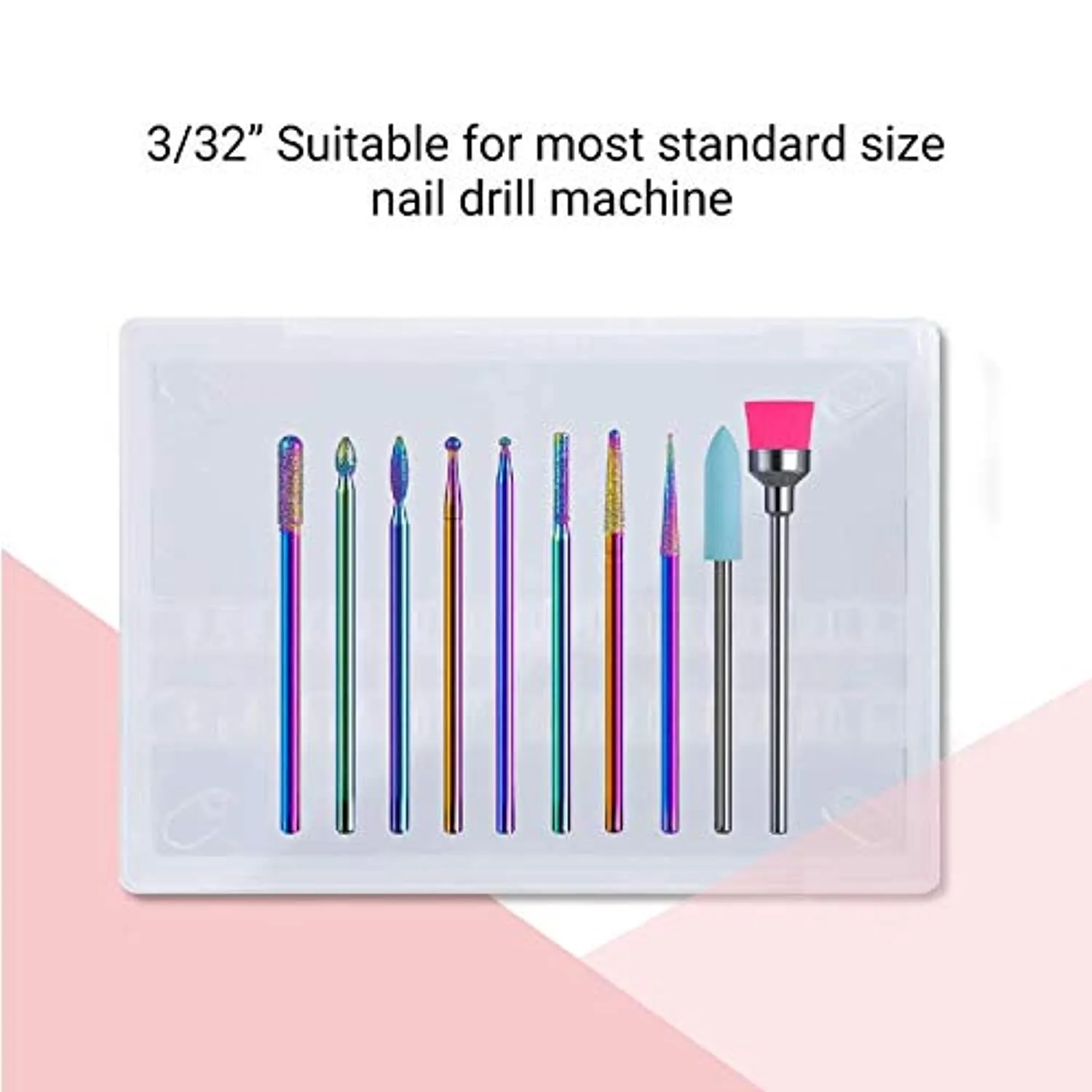 MelodySusie 10Pcs Diamond Nail Drill Bit Set, 3/32 Inch Cuticle Nail Drill Bits for Acrylic Gel Aritificial Nails, Shapen Remove Cleaning Tools for Manicure Pedicure, Home Salon Use