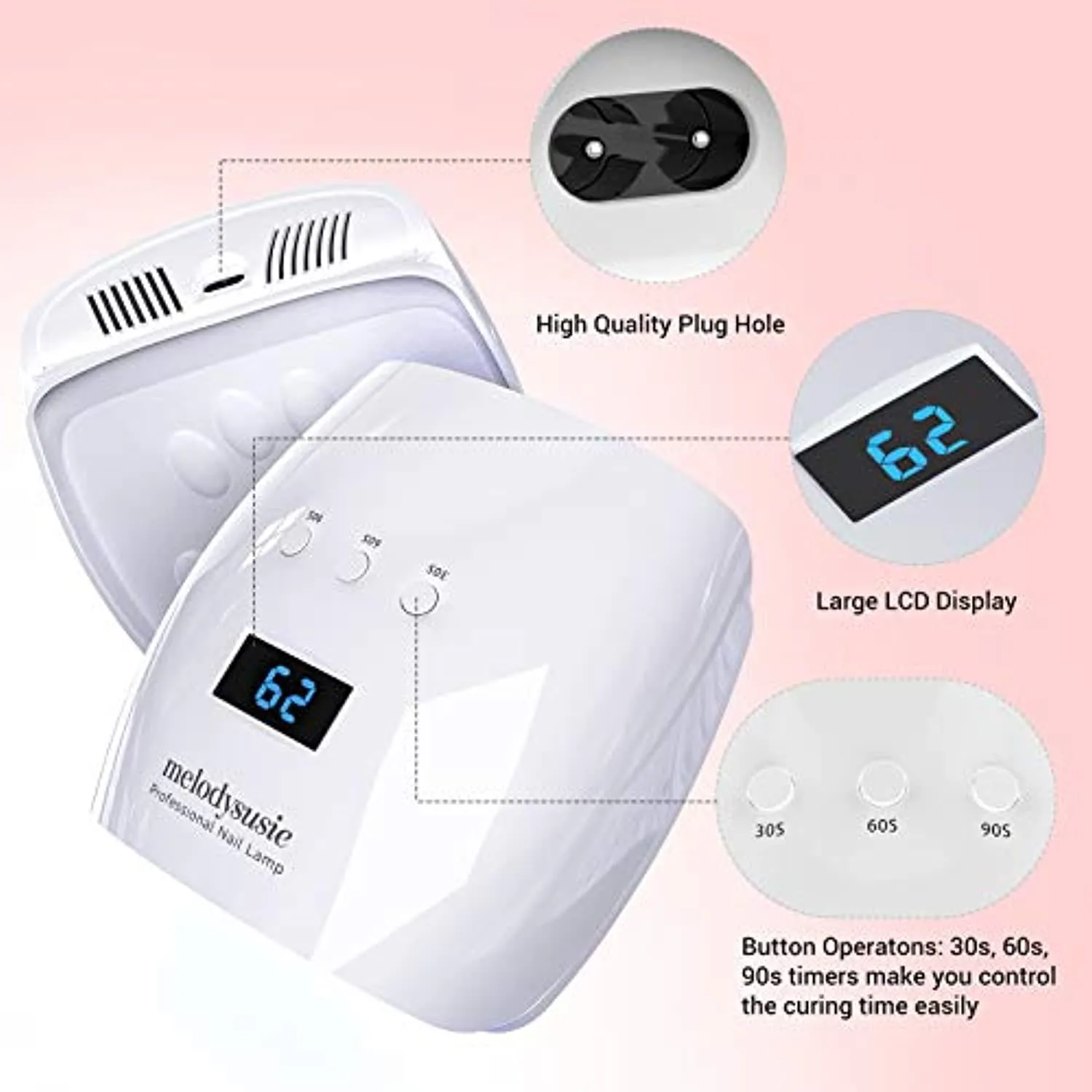 Melodysusie UV LED Nail Lamp True 54W Professional Nail Dryer for Gel Nail Polish Curing Lamp with 3 Timer Setting, Automatic Sensor, LCD Display, Detachable Tray Nail Art Tools Accessories