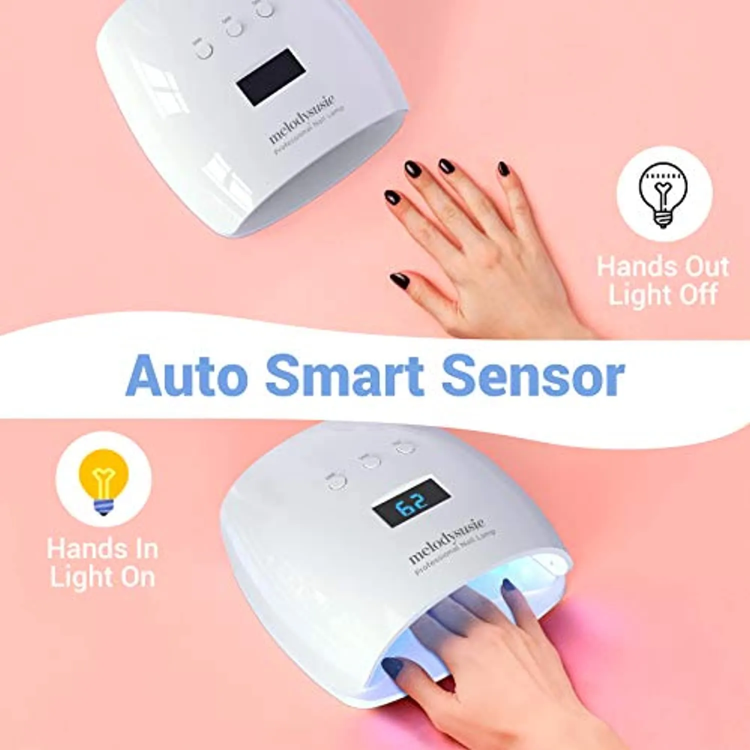 Melodysusie UV LED Nail Lamp True 54W Professional Nail Dryer for Gel Nail Polish Curing Lamp with 3 Timer Setting, Automatic Sensor, LCD Display, Detachable Tray Nail Art Tools Accessories
