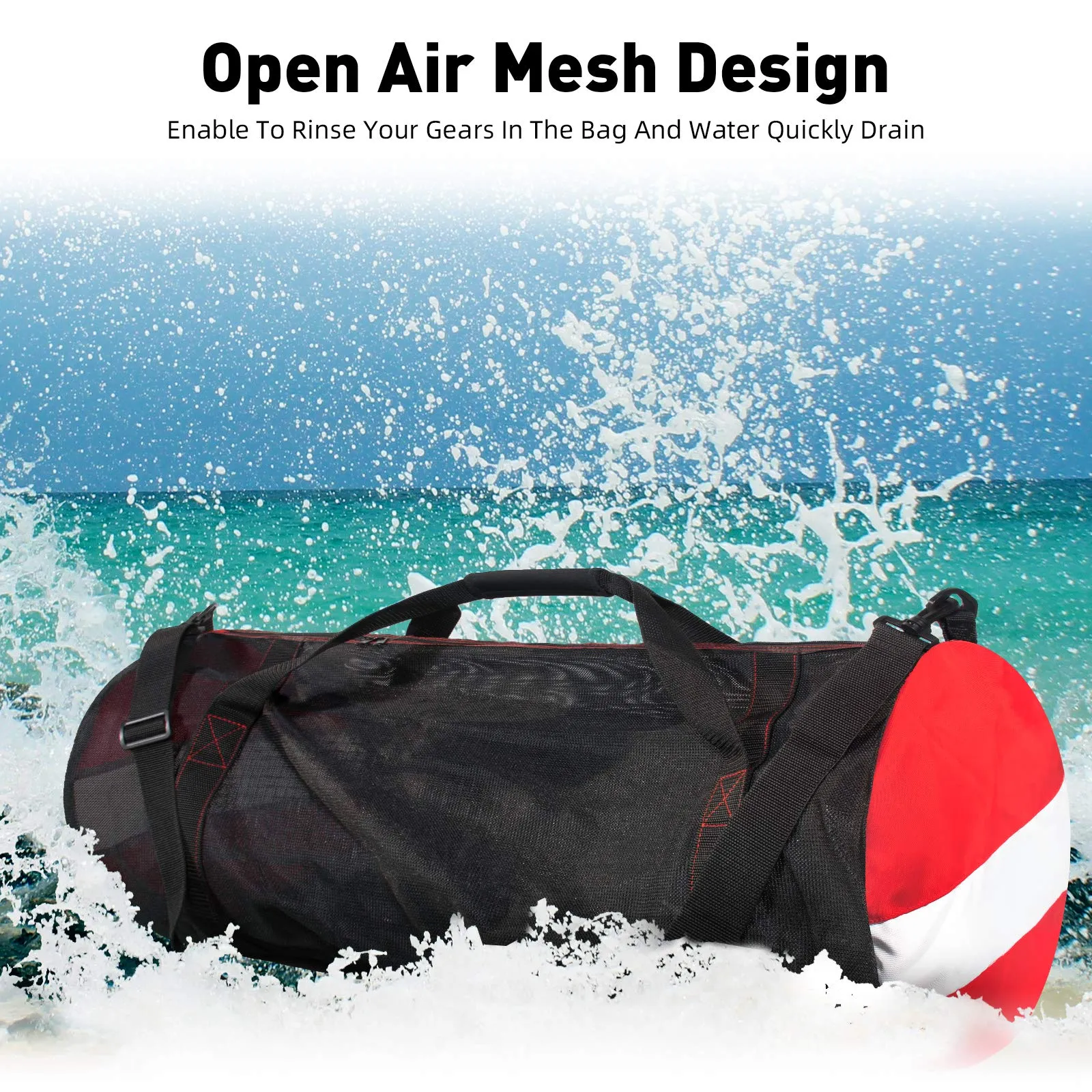 Mesh Dive Duffel Bag, Extra Large Sport Beach Bags with Adjustable Shoulder Strap, Totes and Zipper for Gym Gear, Sports Balls, Scuba Gear, Snorkeling, Diving, Rafting, and Water Sports Black