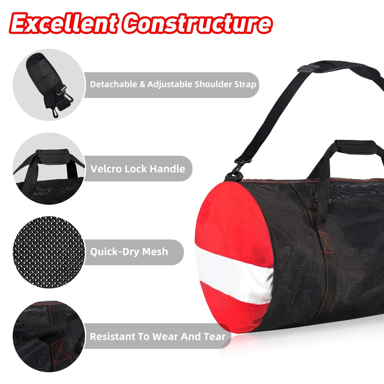 Mesh Dive Duffel Bag, Extra Large Sport Beach Bags with Adjustable Shoulder Strap, Totes and Zipper for Gym Gear, Sports Balls, Scuba Gear, Snorkeling, Diving, Rafting, and Water Sports Black