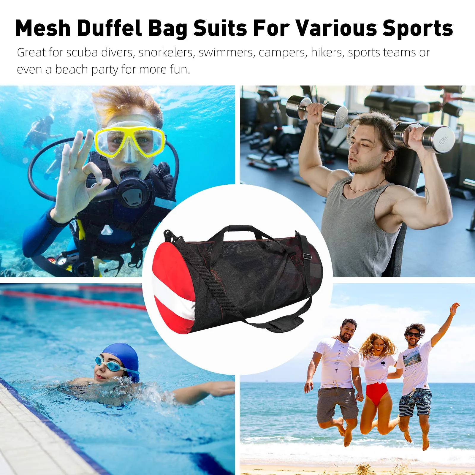 Mesh Dive Duffel Bag, Extra Large Sport Beach Bags with Adjustable Shoulder Strap, Totes and Zipper for Gym Gear, Sports Balls, Scuba Gear, Snorkeling, Diving, Rafting, and Water Sports Black