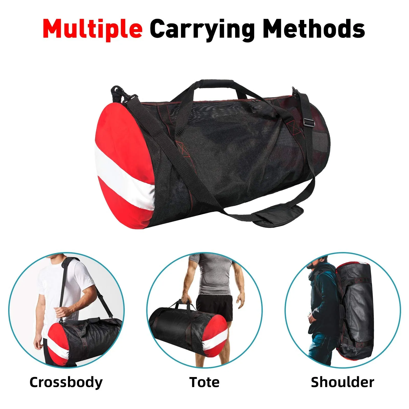 Mesh Dive Duffel Bag, Extra Large Sport Beach Bags with Adjustable Shoulder Strap, Totes and Zipper for Gym Gear, Sports Balls, Scuba Gear, Snorkeling, Diving, Rafting, and Water Sports Black
