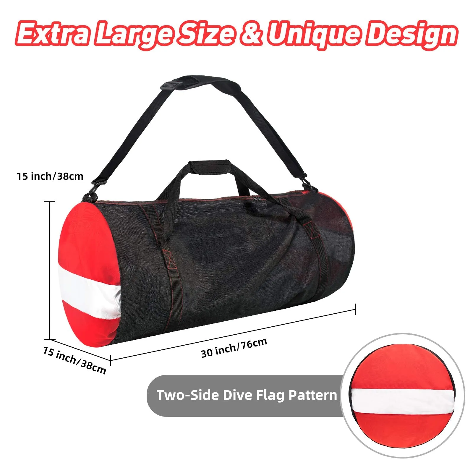 Mesh Dive Duffel Bag, Extra Large Sport Beach Bags with Adjustable Shoulder Strap, Totes and Zipper for Gym Gear, Sports Balls, Scuba Gear, Snorkeling, Diving, Rafting, and Water Sports Black