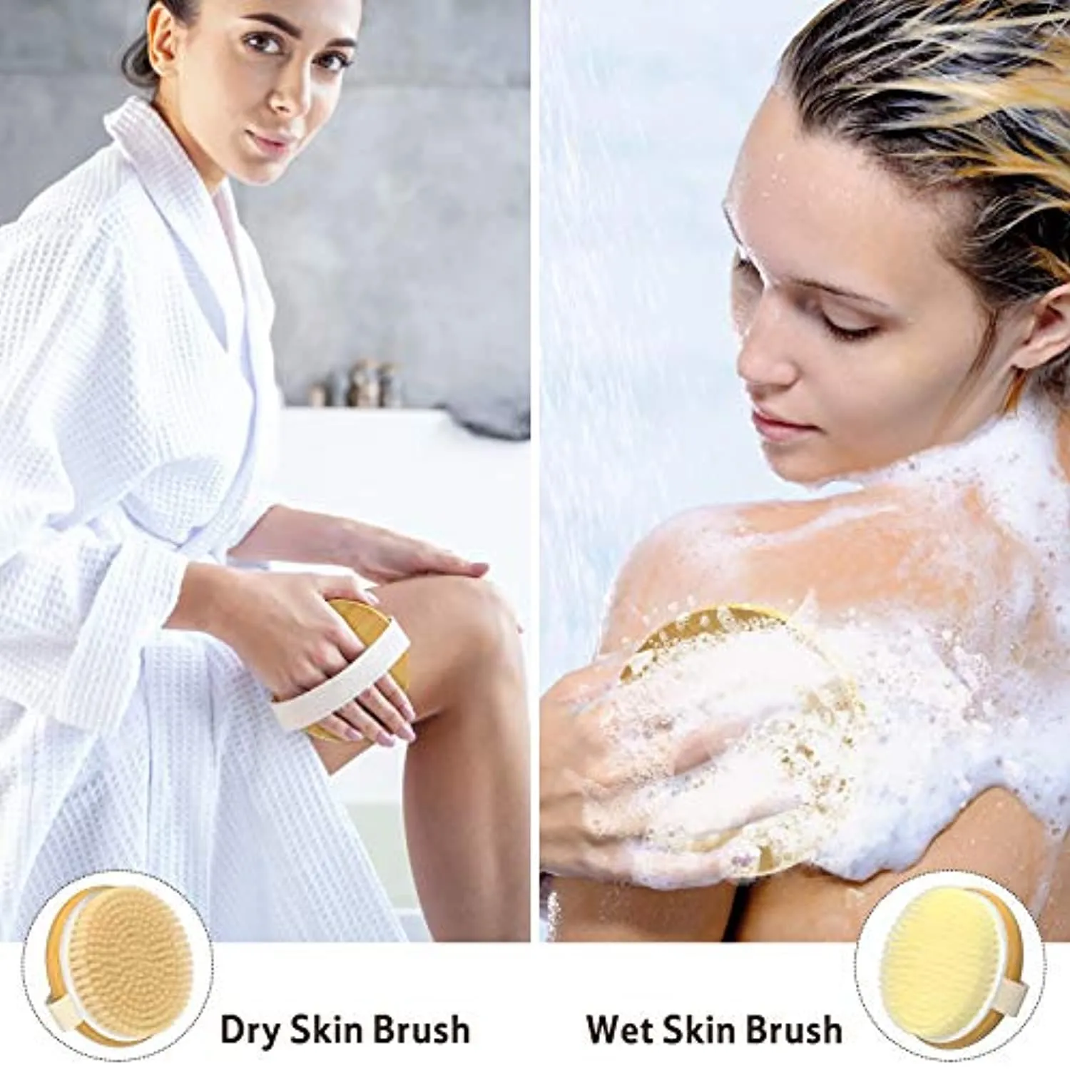 Metene 2 Pack Bamboo Dry Body Brushes, Shower Brush Wet and Dry Brushing, Dry brush for Cellulite and Lymphatic, Body Scrubber with Soft and Stiff Bristles, Suitable for All Kinds of Skin