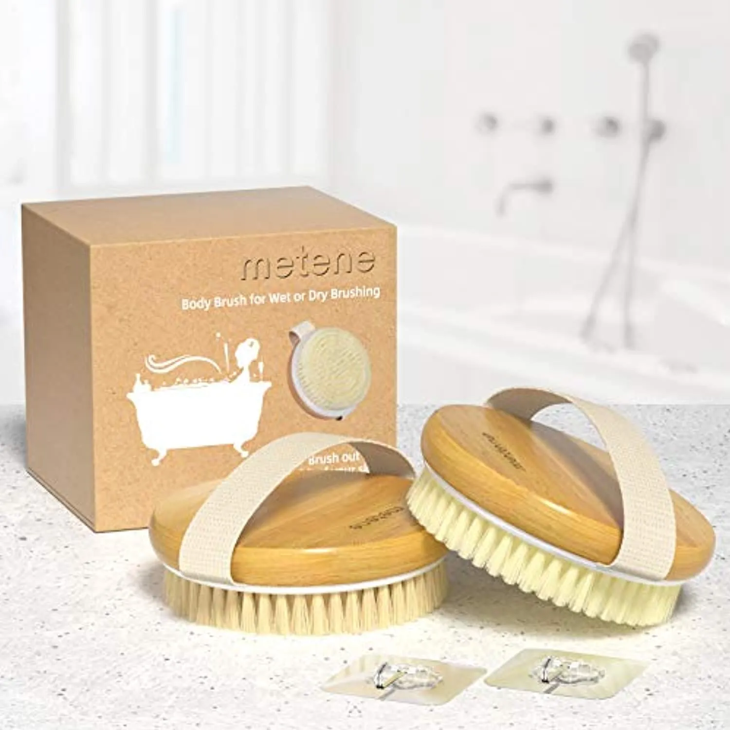 Metene 2 Pack Bamboo Dry Body Brushes, Shower Brush Wet and Dry Brushing, Dry brush for Cellulite and Lymphatic, Body Scrubber with Soft and Stiff Bristles, Suitable for All Kinds of Skin