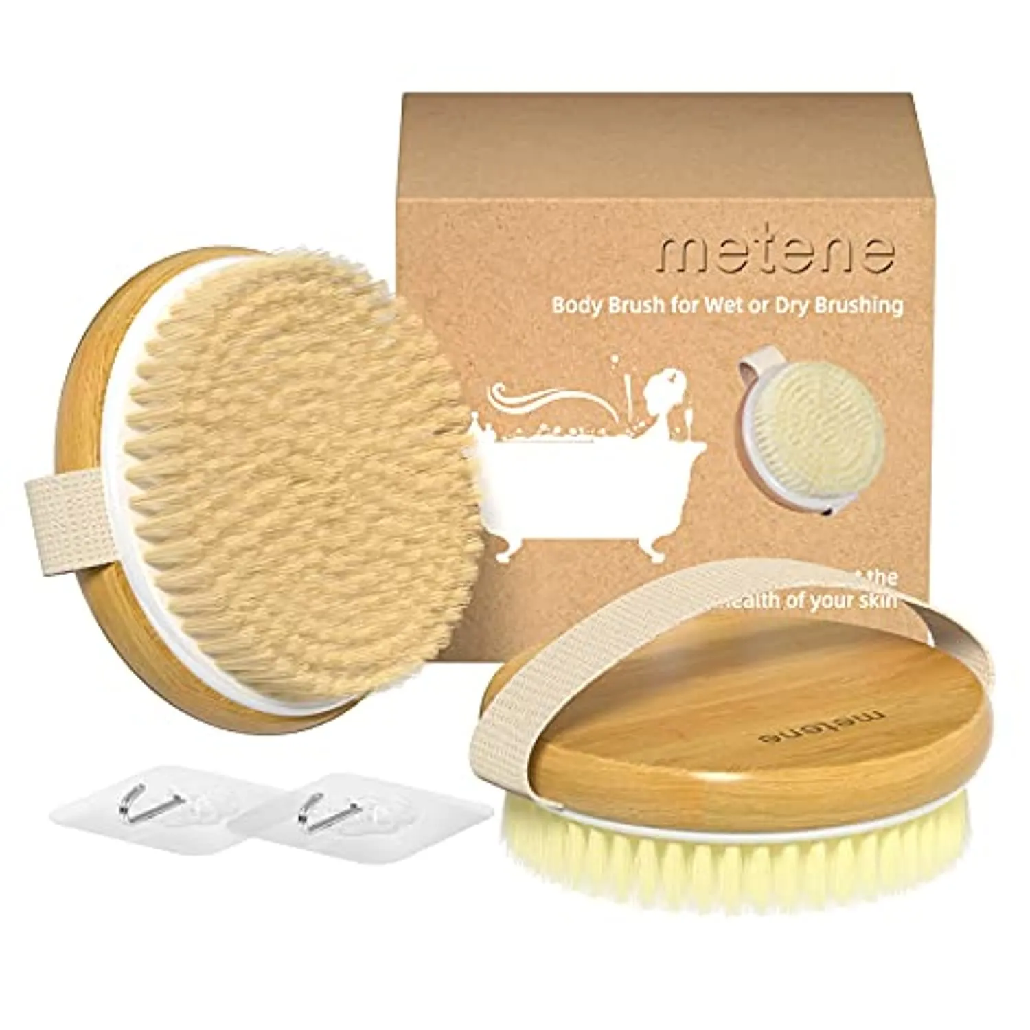 Metene 2 Pack Bamboo Dry Body Brushes, Shower Brush Wet and Dry Brushing, Dry brush for Cellulite and Lymphatic, Body Scrubber with Soft and Stiff Bristles, Suitable for All Kinds of Skin