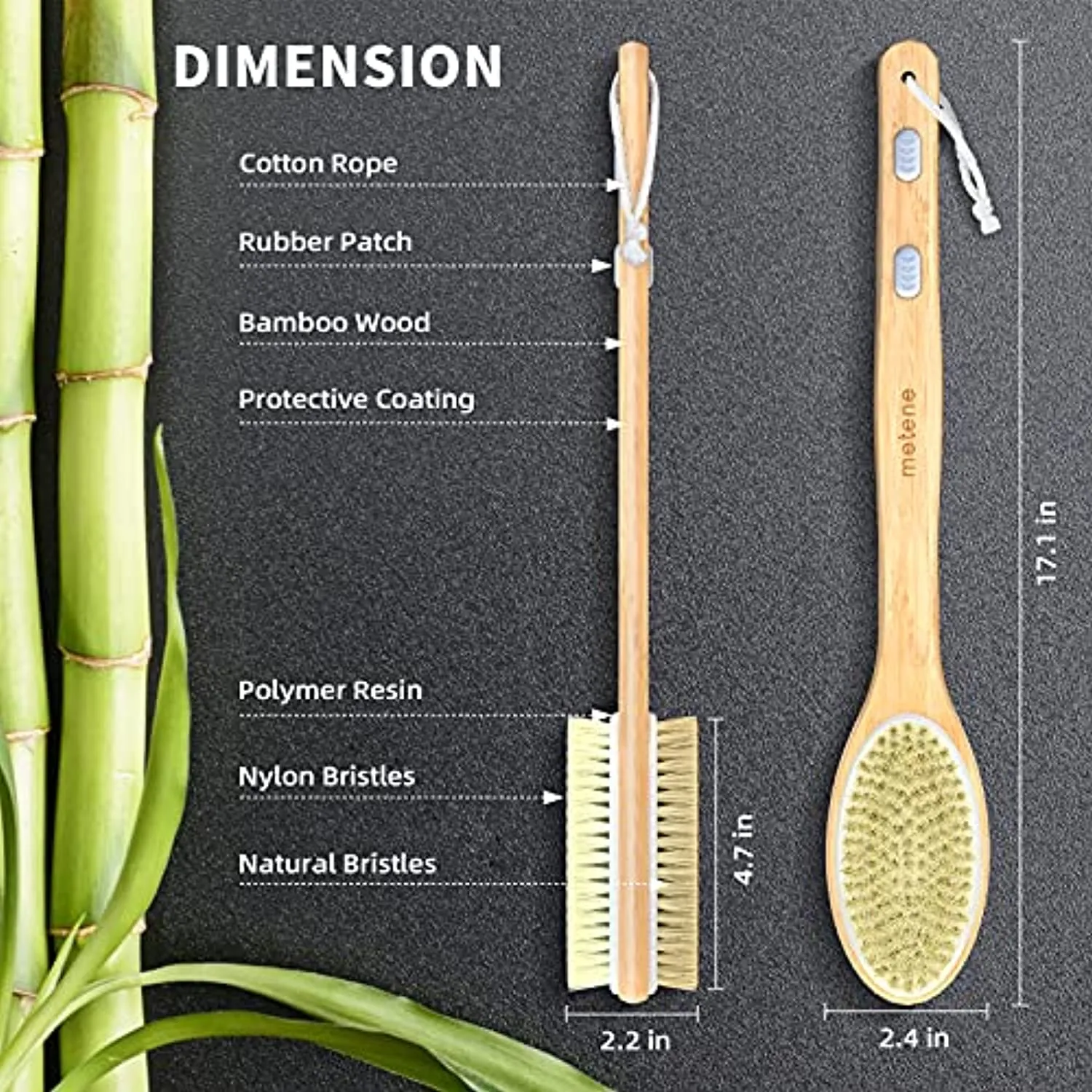 Metene Bamboo Body Brush with Stiff and Soft Natural Bristles, Back Scrubber for Shower with Long Handle, Dual-sided Brush Head for Wet or Dry Brushing, Exfoliating Skin and Clean the Body Easily