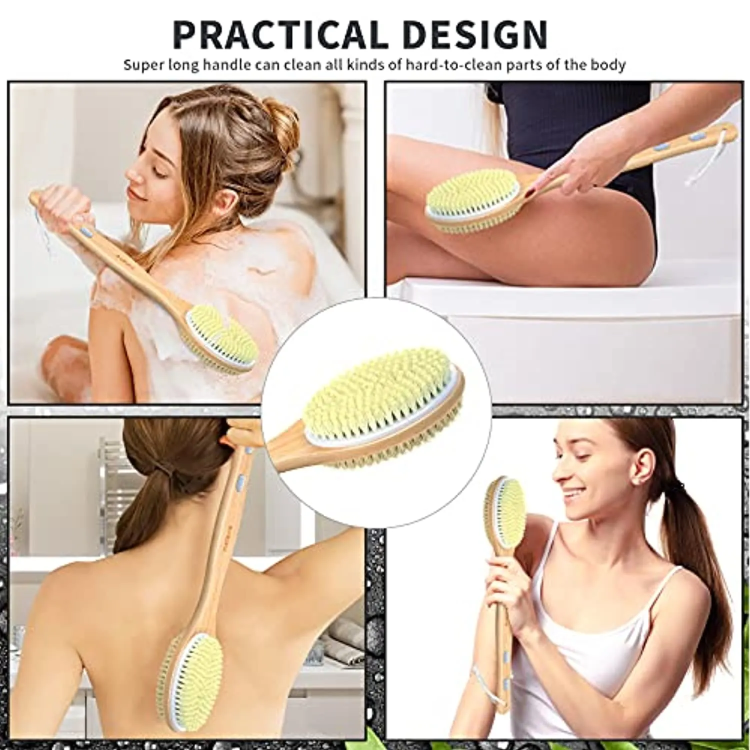 Metene Bamboo Body Brush with Stiff and Soft Natural Bristles, Back Scrubber for Shower with Long Handle, Dual-sided Brush Head for Wet or Dry Brushing, Exfoliating Skin and Clean the Body Easily
