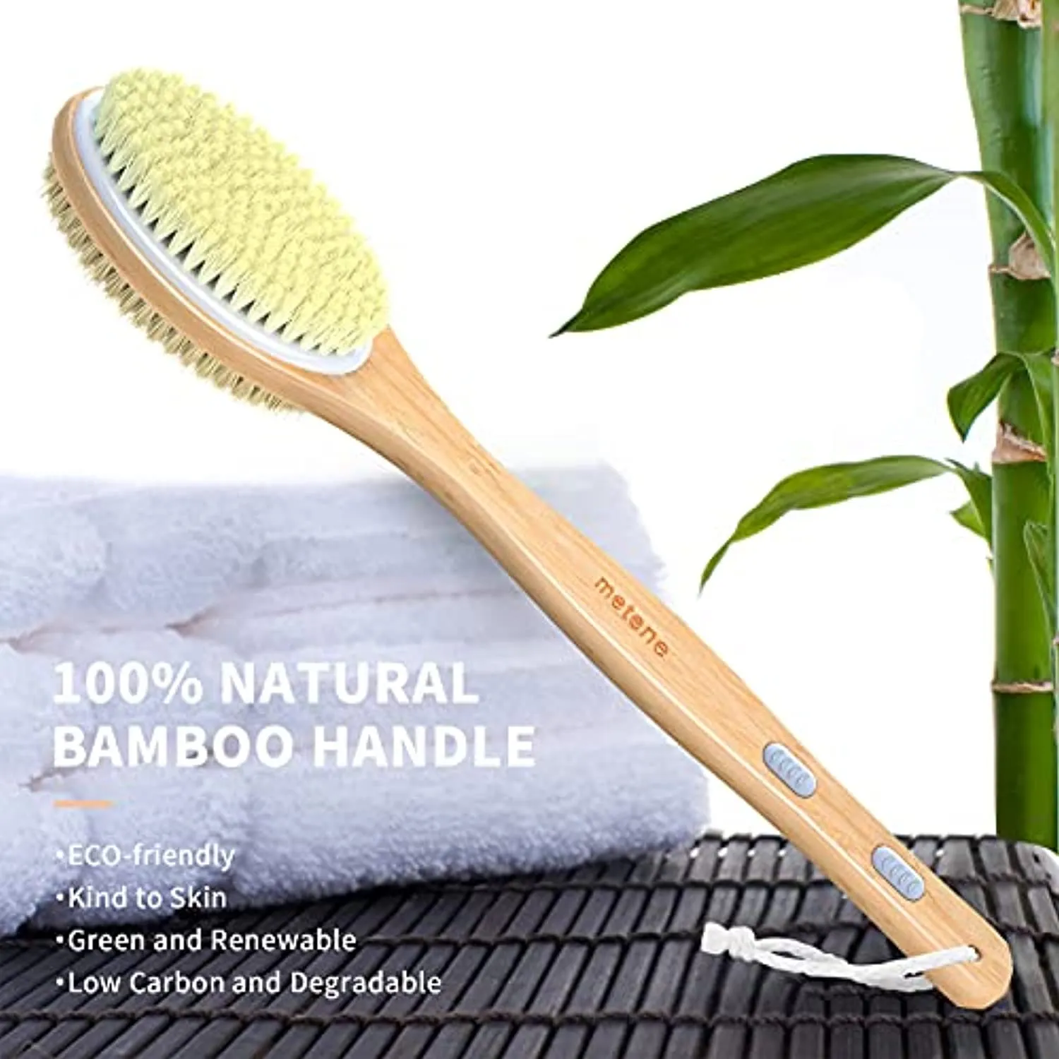 Metene Bamboo Body Brush with Stiff and Soft Natural Bristles, Back Scrubber for Shower with Long Handle, Dual-sided Brush Head for Wet or Dry Brushing, Exfoliating Skin and Clean the Body Easily