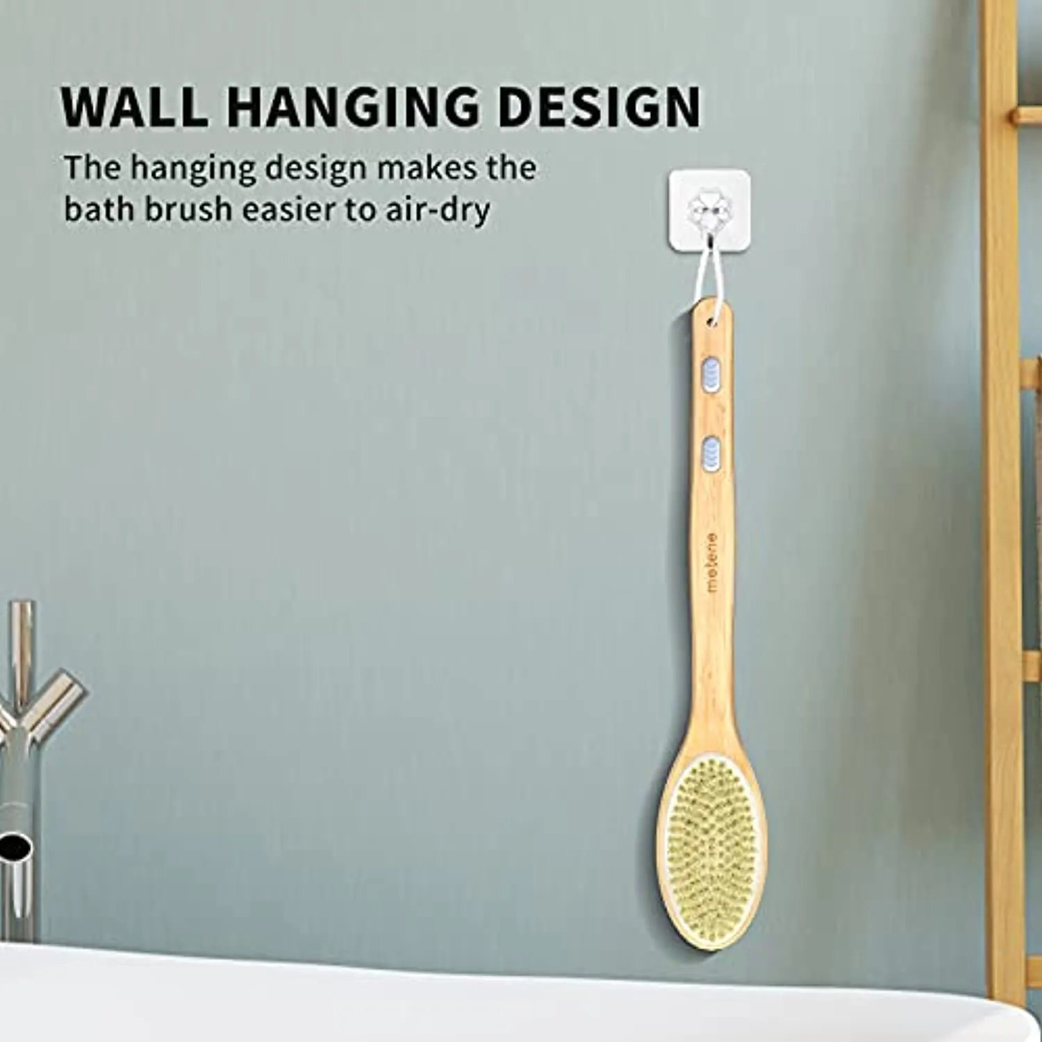 Metene Bamboo Body Brush with Stiff and Soft Natural Bristles, Back Scrubber for Shower with Long Handle, Dual-sided Brush Head for Wet or Dry Brushing, Exfoliating Skin and Clean the Body Easily
