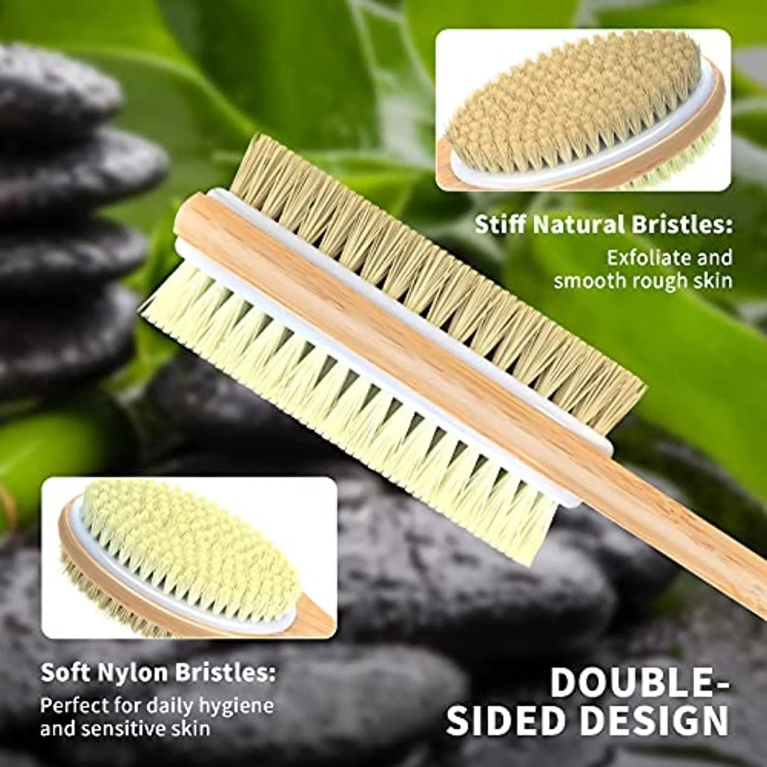 Metene Bamboo Body Brush with Stiff and Soft Natural Bristles, Back Scrubber for Shower with Long Handle, Dual-sided Brush Head for Wet or Dry Brushing, Exfoliating Skin and Clean the Body Easily