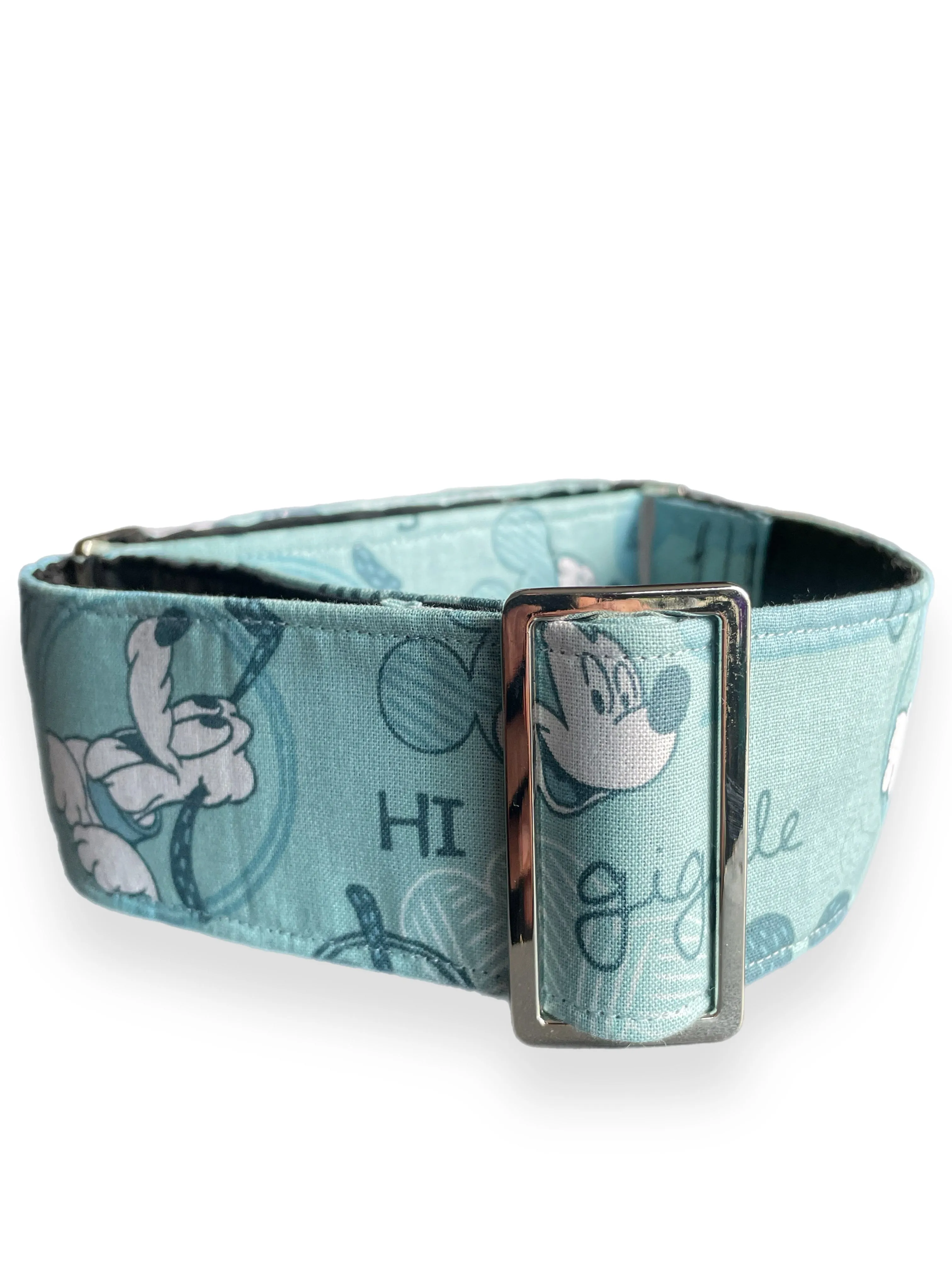Mickey Mouse & Pluto on a soft sage, wide greyhound and whippet Martingale collar cotton super soft