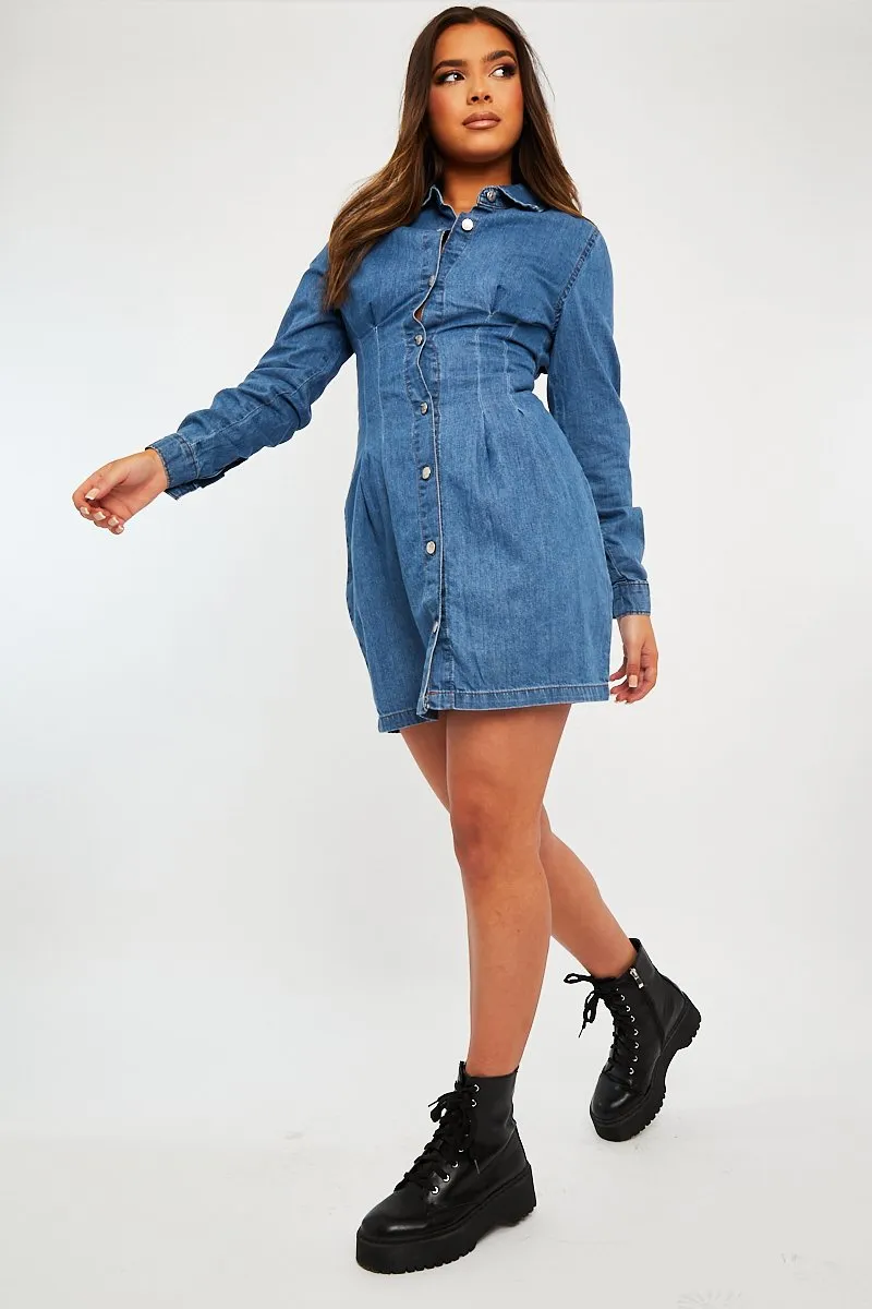 Mid Blue Tailored Waist Denim Shirt Dress - Danaria