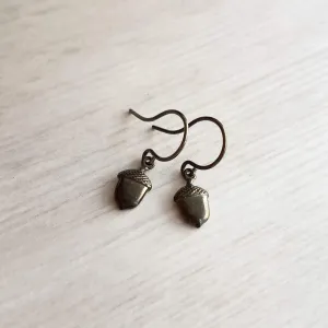 Mini Acorn Earrings - small black silver gunmetal squirrel nut charms dangle on delicate shiny little ear hooks, fall autumn jewelry