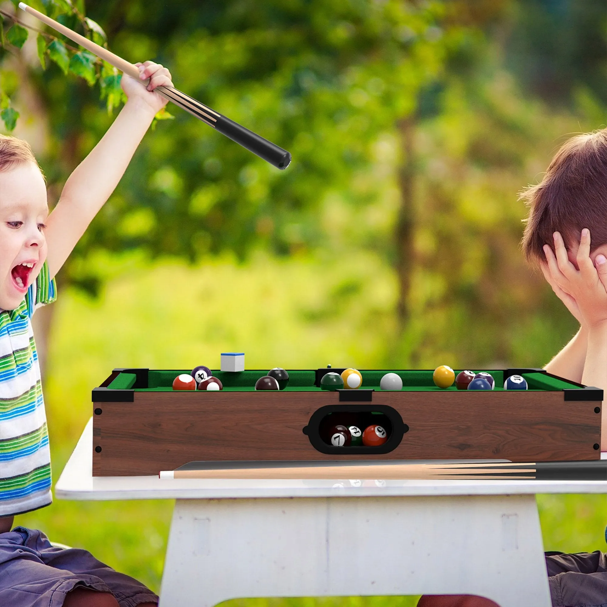 Mini Tabletop Pool Set- Billiards Game Includes Game Balls Sticks Chalk Brush and Triangle-Portable and Fun for the Whole Family by Hey! Play!(Green)