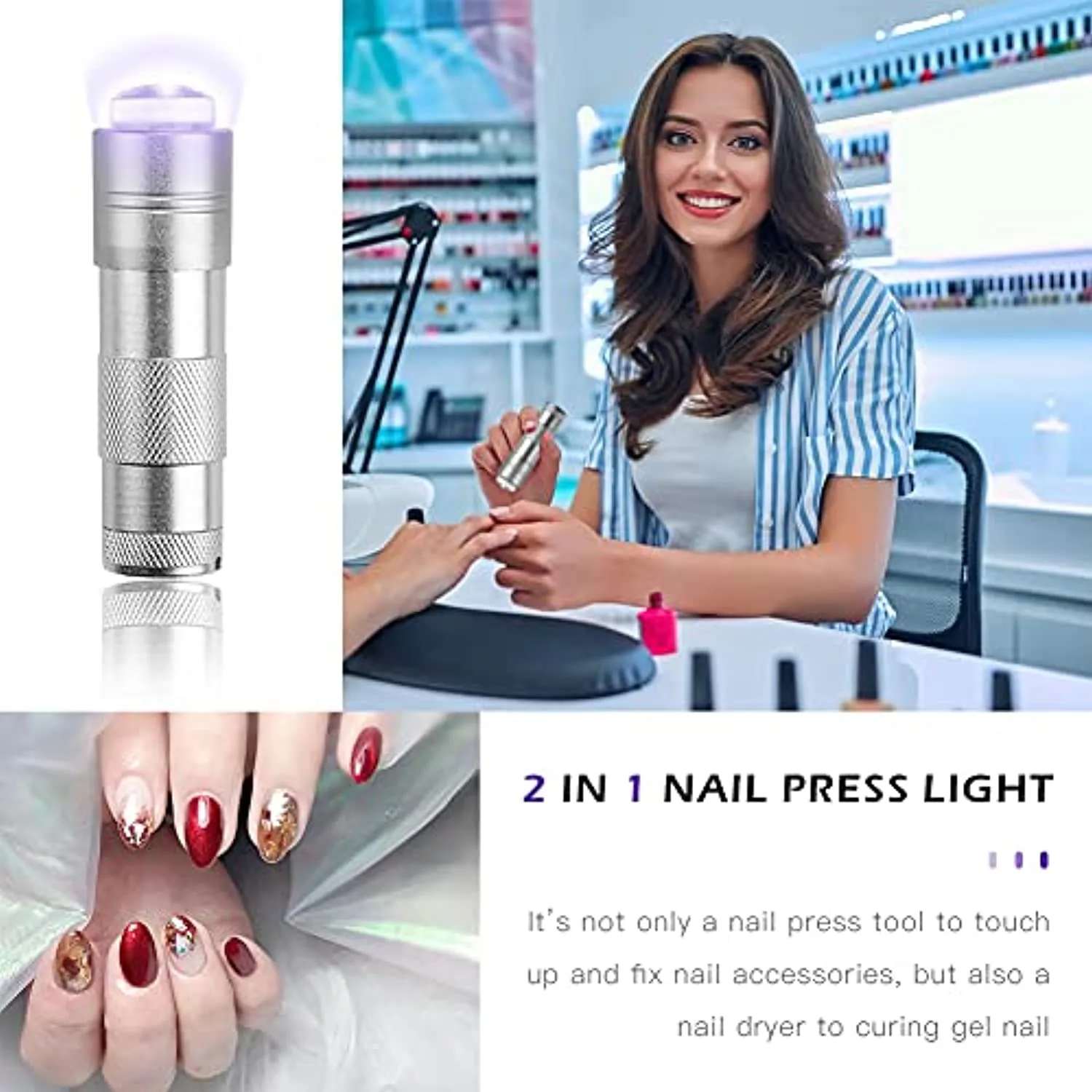 Mini UV Nail Lamp Presser, Silicone Nail Press Light, Handheld LED Nail Curing Lamp Nail Dryer with Silicone Head for Quick Nail Touch-Ups,Nail Press Flashlight Tool for Women Girl Manicure Decor