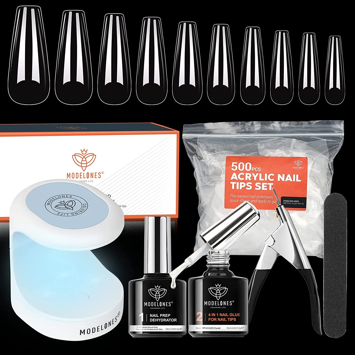 Modelones Nail Tips and Glue Gel Kit, Acrylic Nail Kit 4 in 1 Nail Glue Gel, Ultra-Portable LED Nail Lamp, with 500Pcs Coffin Nail, Nail Prep Dehydrate, and Extension DIY Nail Art Tools All-In-One Gel Nail Extension Kit