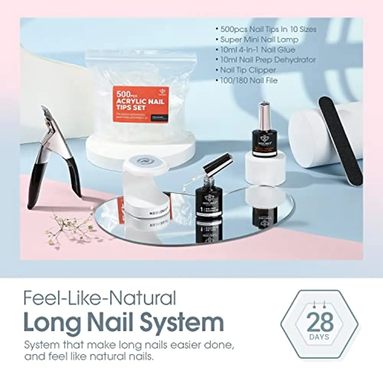 Modelones Nail Tips and Glue Gel Kit, Acrylic Nail Kit 4 in 1 Nail Glue Gel, Ultra-Portable LED Nail Lamp, with 500Pcs Coffin Nail, Nail Prep Dehydrate, and Extension DIY Nail Art Tools All-In-One Gel Nail Extension Kit
