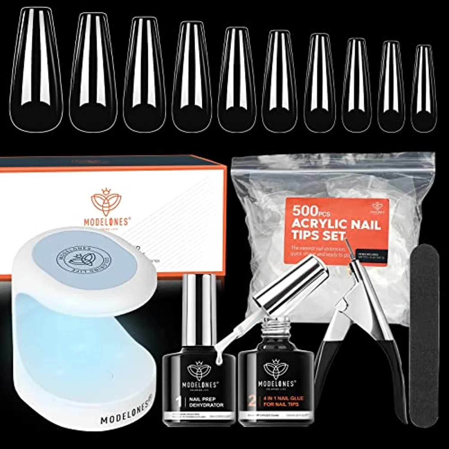 Modelones Nail Tips and Glue Gel Kit, Acrylic Nail Kit 4 in 1 Nail Glue Gel, Ultra-Portable LED Nail Lamp, with 500Pcs Coffin Nail, Nail Prep Dehydrate, and Extension DIY Nail Art Tools All-In-One Gel Nail Extension Kit