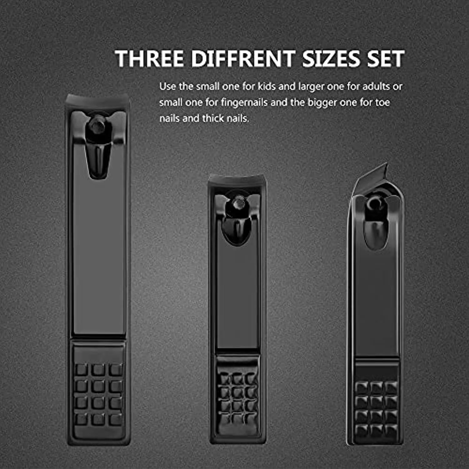 Nail Clippers Set Black Matte Stainless Steel Fingernail & Thick Toenail & Ingrown Nail Clippers, Perfect 3 pcs Nail Clippers Cutter for Men and Women (Black-3Pcs)