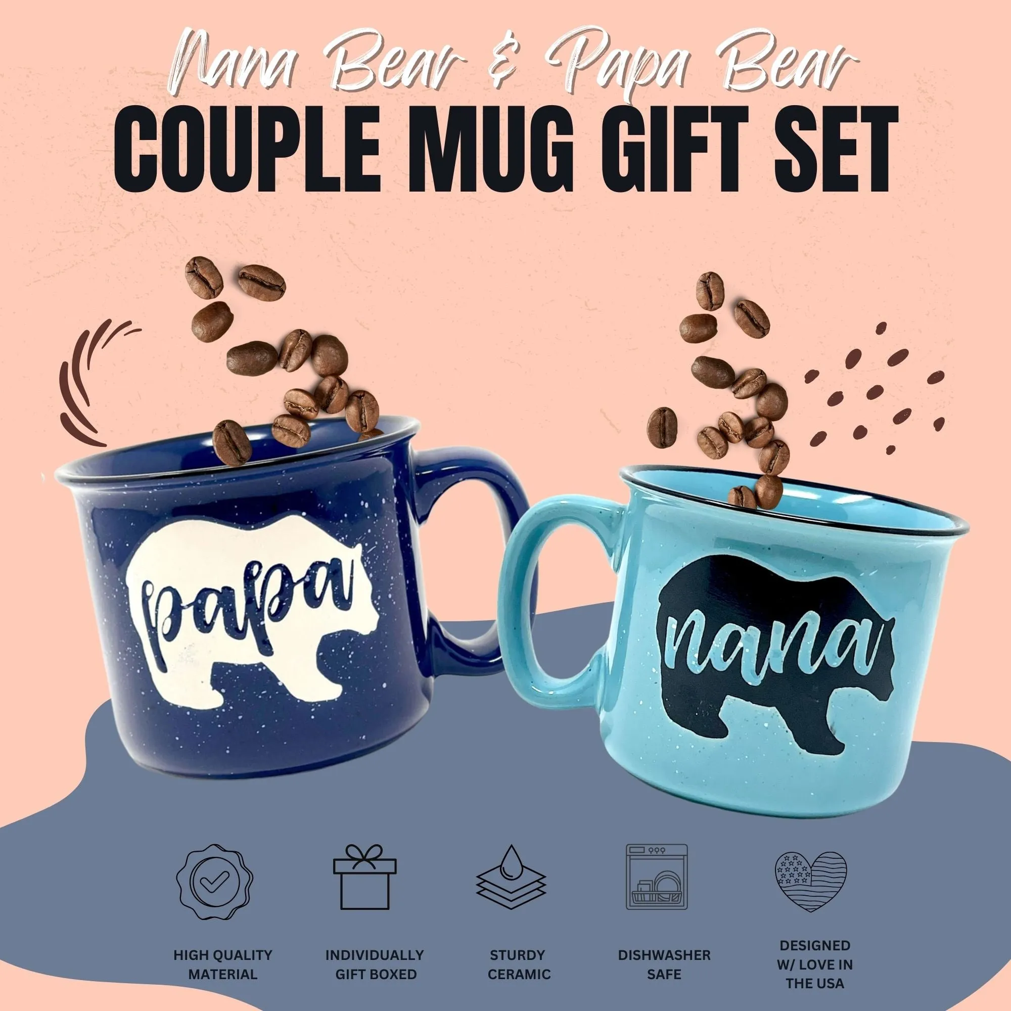 Nana Bear Teal & Papa Bear Navy Blue Coffee Mug Gift Set - Cute, Large Coffee Cup Sets for Parents, Couples, Grandparents - Unique Fun Gifts for Him, Her, Birthday, Anniversary, Mother's Day, Father's Day, Christmas
