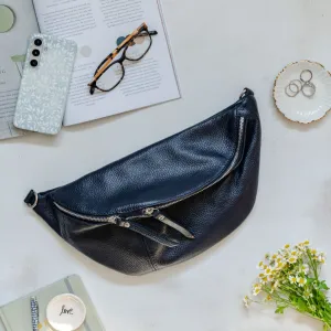 Navy Blue Leather Large Waist Bag (silver hardware)