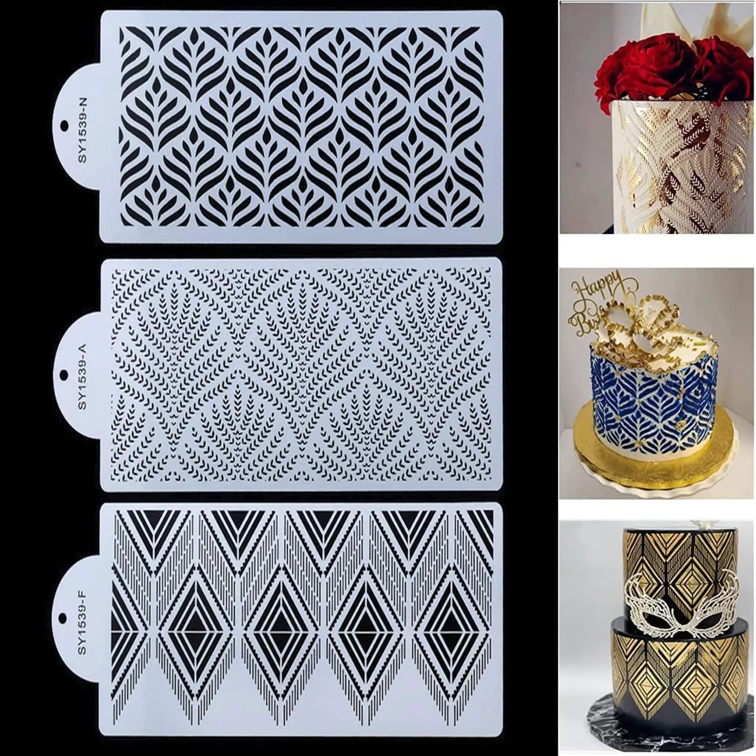 New 3Pcs Cake Decorating Stencils (Leaf/Wheat/Bohemia Patterns) Great for spraying, powder sugar sieve etc