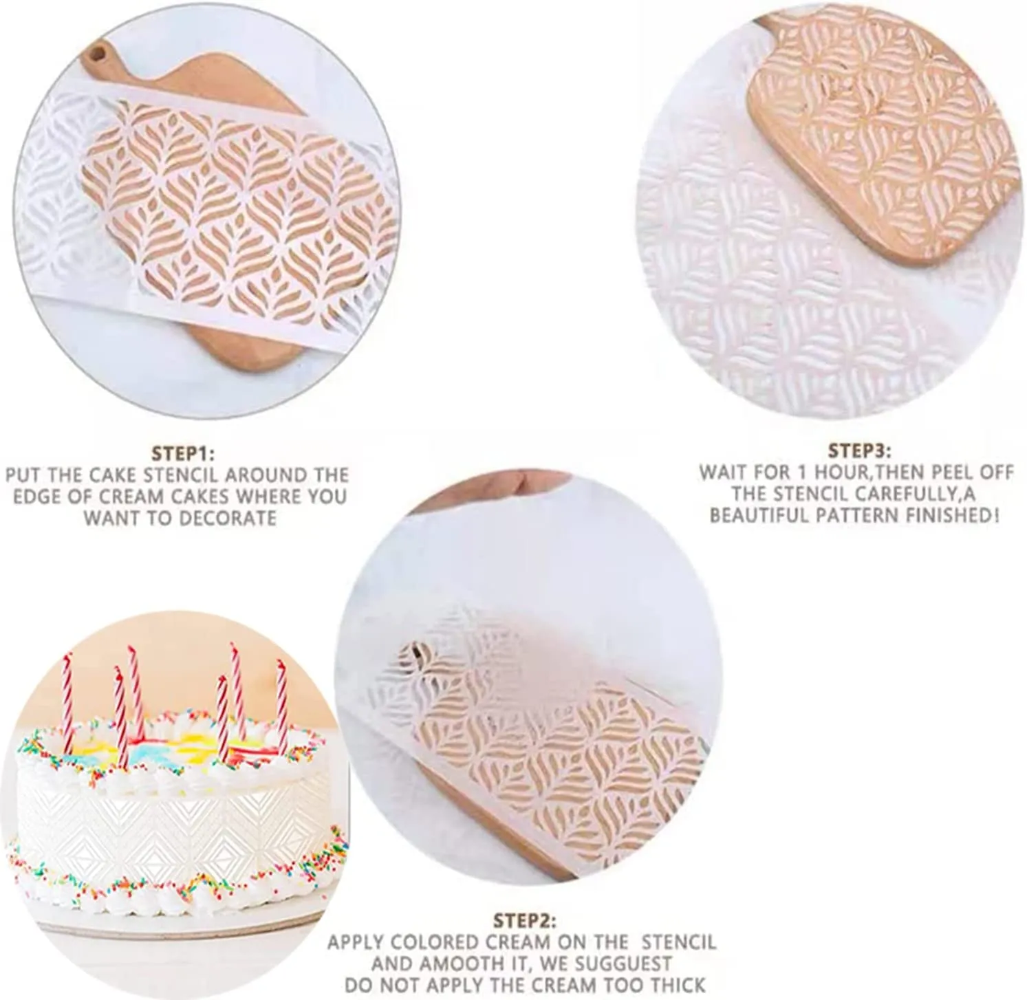 New 3Pcs Cake Decorating Stencils (Leaf/Wheat/Bohemia Patterns) Great for spraying, powder sugar sieve etc