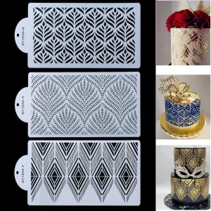 New 3Pcs Cake Decorating Stencils (Leaf/Wheat/Bohemia Patterns) Great for spraying, powder sugar sieve etc