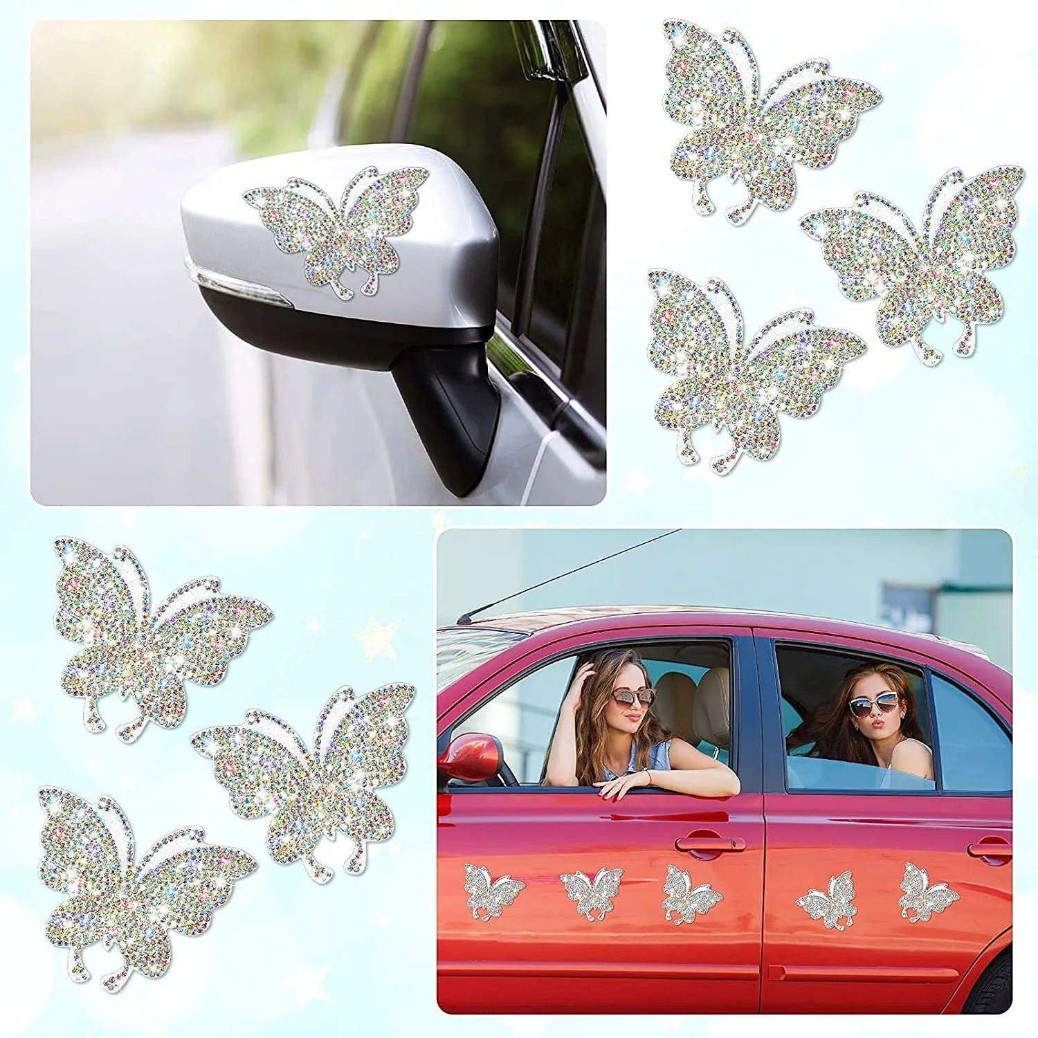 NEW 6 Pieces Bling Rhinestone Butterfly Decals, nice for decorating cars, mobile phones, cups, laptops, paper and wood surfaces, refrigerator, wardrobe, and any surface you want