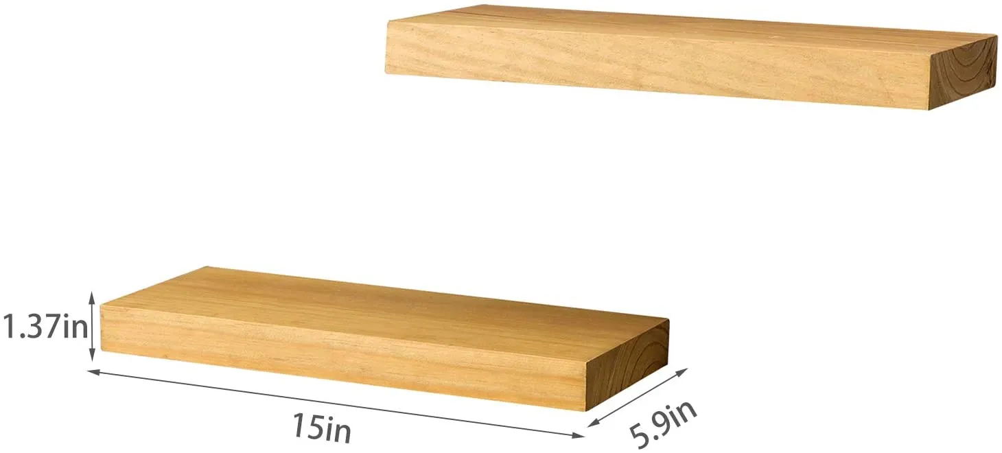 New AHDECOR Floating Shelves, Solid Wood Wall Mounted Shelf, Display Ledge Storage Shelf Natural Wood, Set of 2, 15 inch