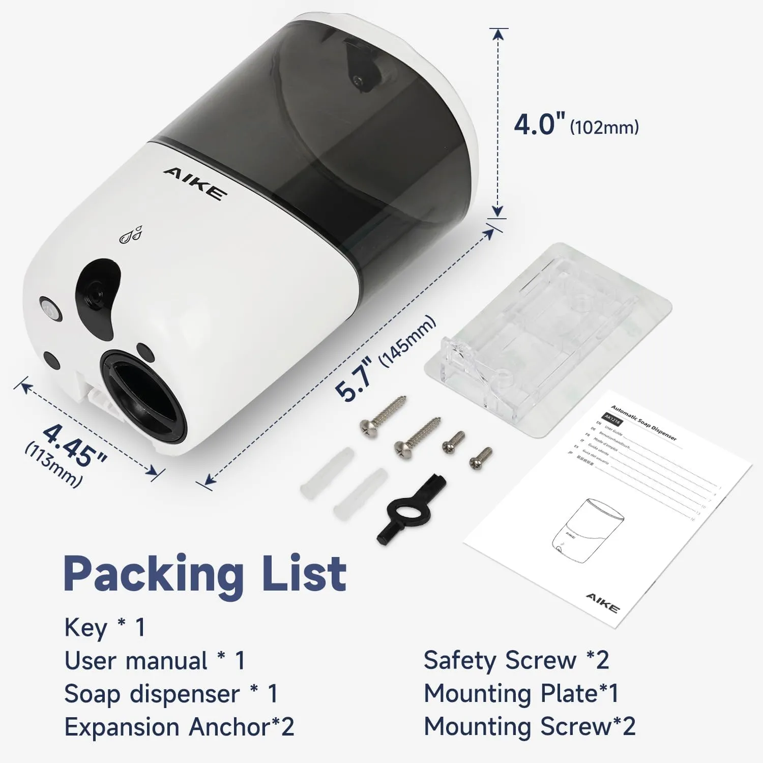 NEW AIKE Wall Mount Automatic Soap Dispenser for Liquid Soap Battery Operated White, Model AK1216
