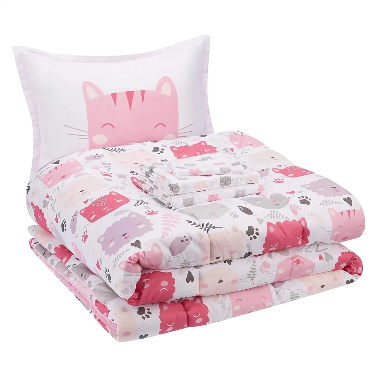 NEW AMAZON BASICS KIDS 5PC BEDDING SET TWIN Easy-Wash Microfiber Bed-in-a-Bag Bedding Set Pink Kitties, Sheets included!