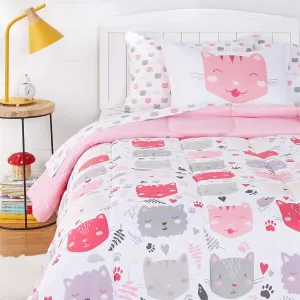 NEW AMAZON BASICS KIDS 5PC BEDDING SET TWIN Easy-Wash Microfiber Bed-in-a-Bag Bedding Set Pink Kitties, Sheets included!