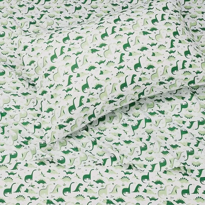NEW Amazon Basics Kid's Dino Friends Soft Easy-Wash Microfiber Sheet Set, Twin, Grass Green Dinosaurs